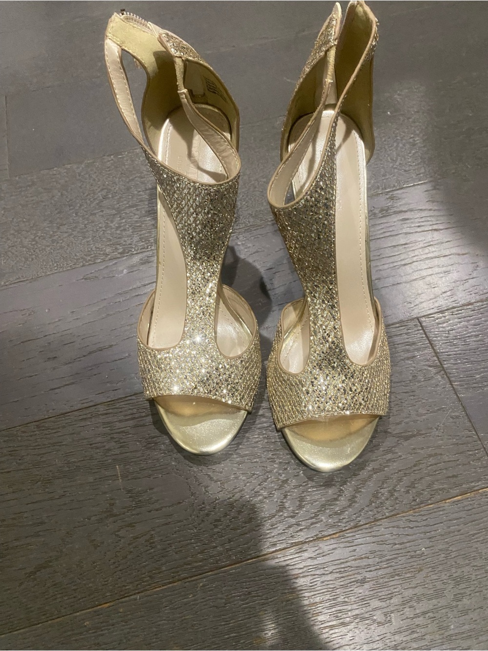Glitter Open-Toe T-Strap Heels with Clutch - Gold